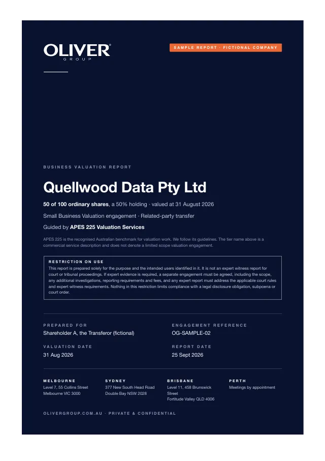 Cover of the Oliver Group sample business valuation report